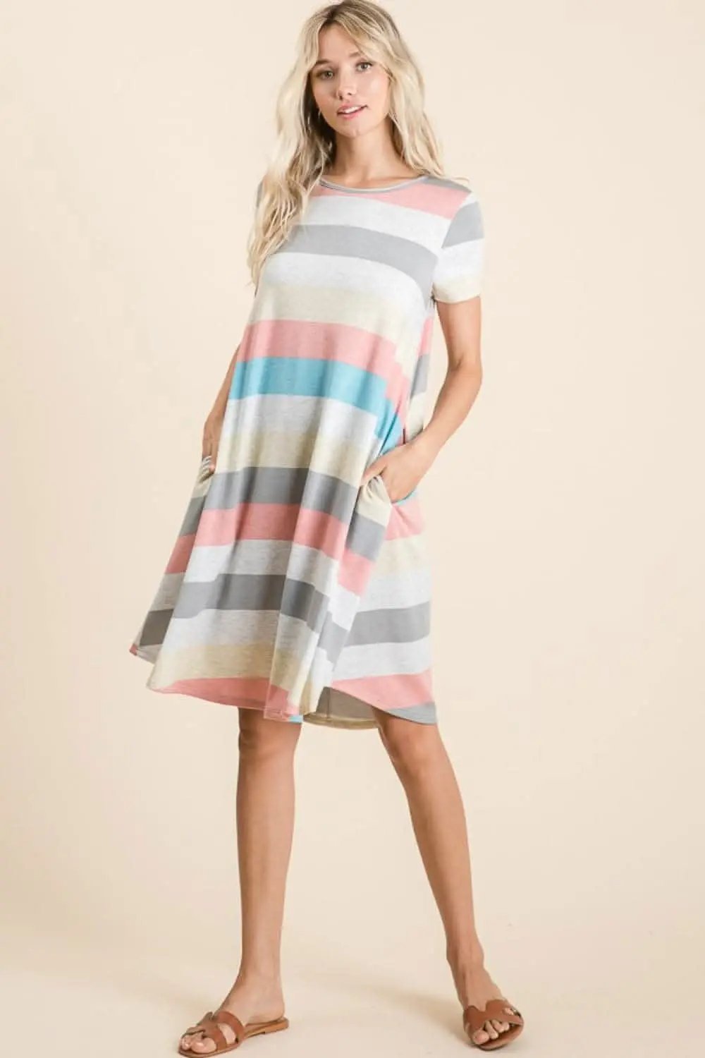 BOMBOM Striped Short Sleeve Dress with Pockets for All-Day Style - Love Salve